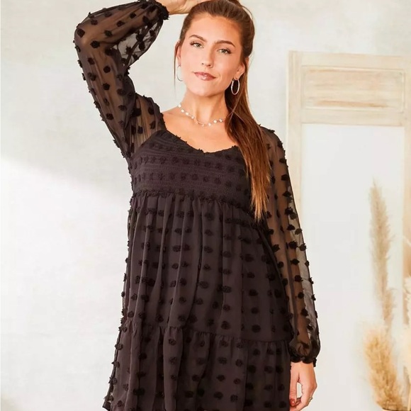 Crystal Doll Black Textured Long Sleeve Dress - Picture 1 of 7